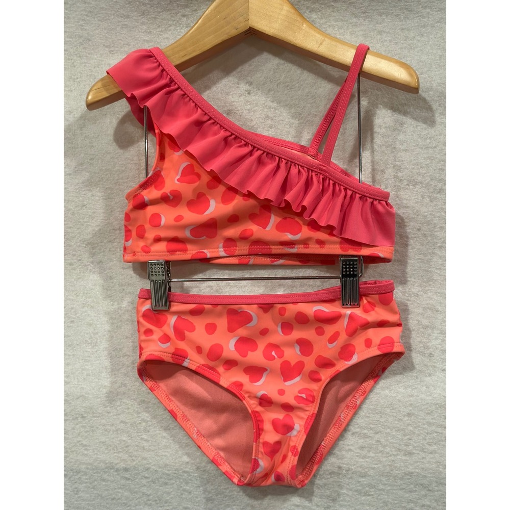 Cat & Jack Girls Pink Orange Heart Leopard Print Ruffle Bikini Swimsuit Set 5T